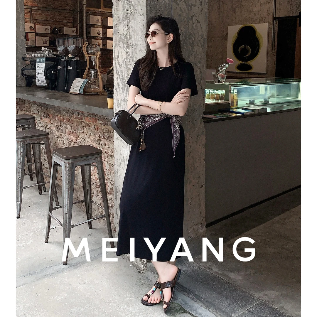 美洋MEIYANG 夜曲连衣裙 舒适清凉！醋酸针织宽松圆领短袖-周一