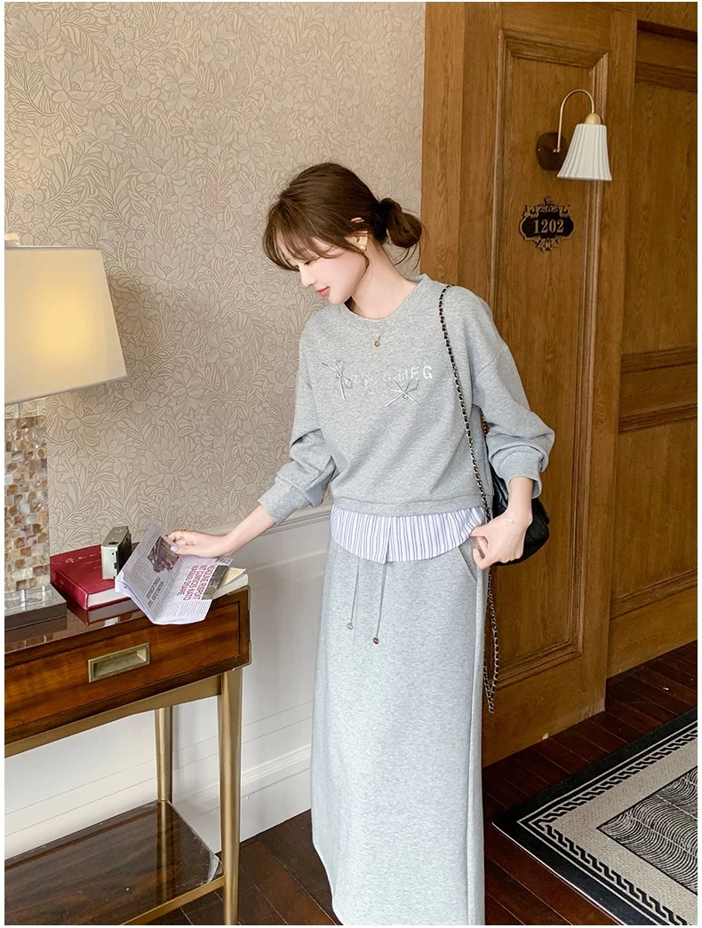 5T069宽松时尚套装休闲圆领刺绣秋季欧美风假日风休闲风长袖韩版
