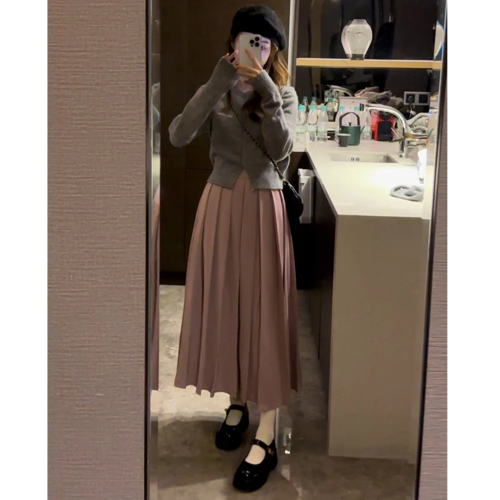 秋冬高腰百褶显瘦半身裙A字裙法式复古设计感气质