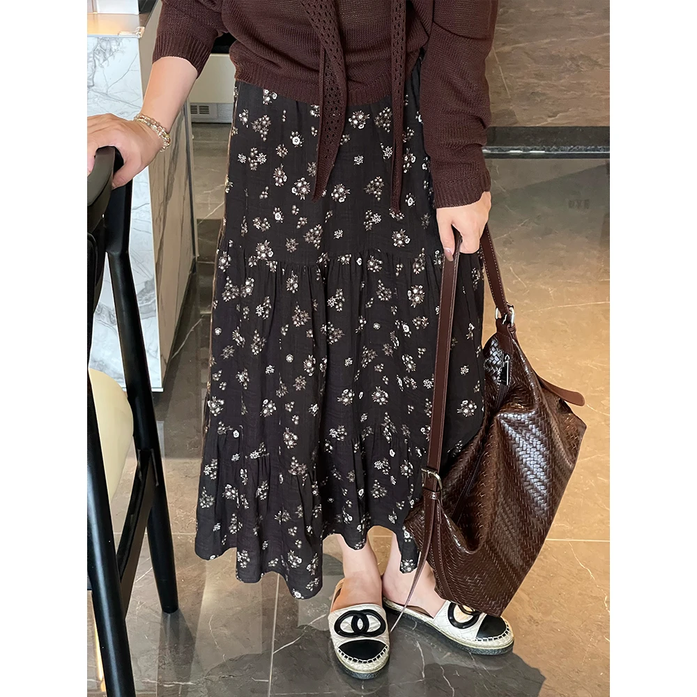 WenWen小个子韩系百褶A字显瘦半身裙时尚百搭高腰碎花裙4235