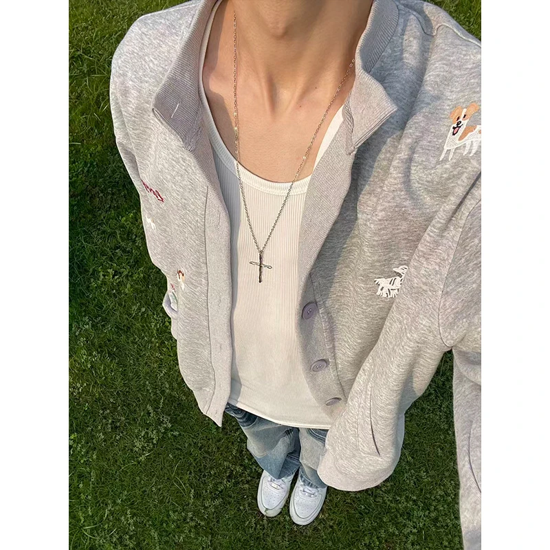 美式复古小狗刺绣开衫卫衣男女秋冬款小众设计感宽松休闲情侣外套