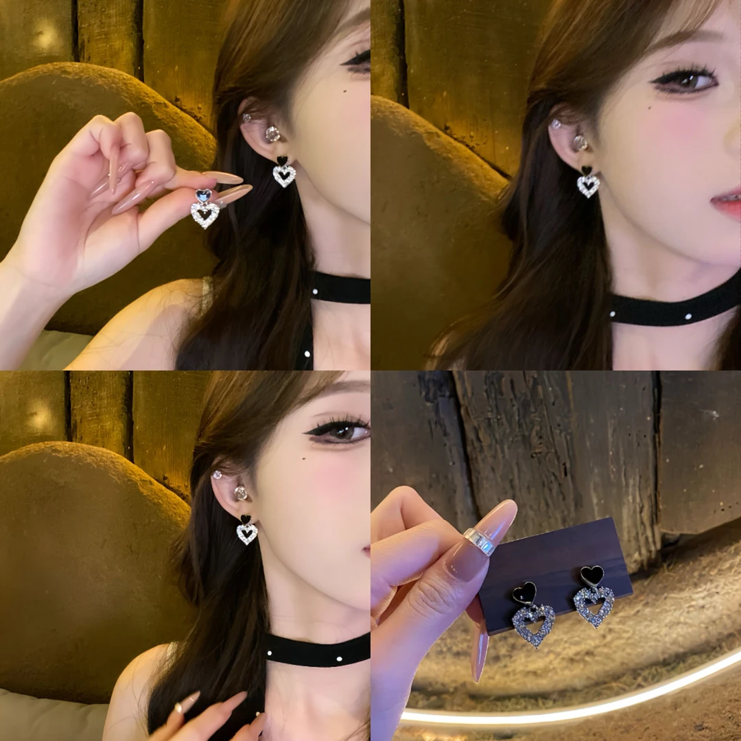 铜合金耳饰 闪耀水钻爱心耳环女设计感柏林灰耳钉耳饰生日礼物