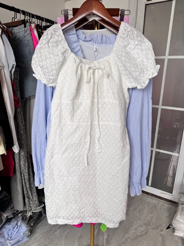 2025新款夏泡泡袖韩版可爱纯棉刺绣白色连衣裙