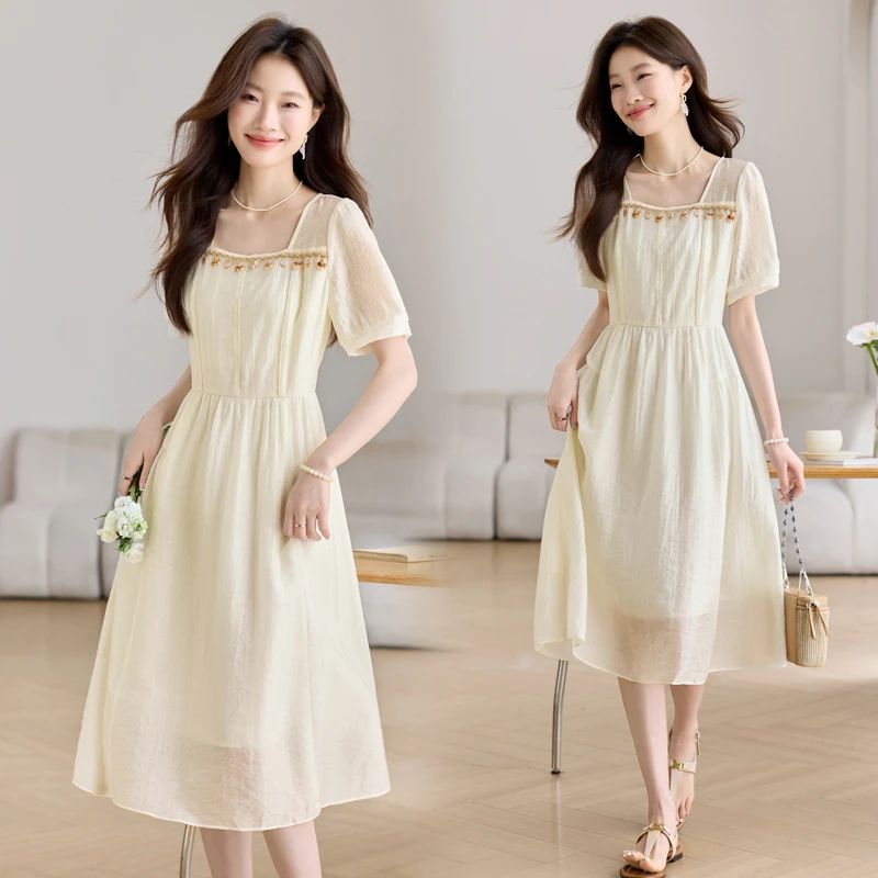 法式亮片拼接连衣裙女2025夏季新款小清新时尚洋气减龄中长款裙子