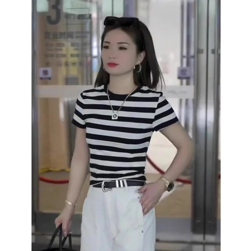 2025夏季搭配一整套时尚条纹短袖T恤女装休闲阔腿裤两件套装女