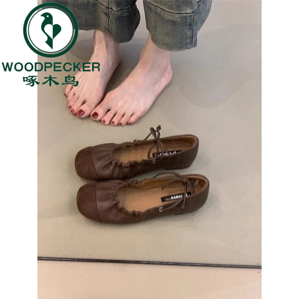 啄木鸟复古褶皱系带平底玛丽珍鞋浅口单鞋女圆头一脚蹬芭蕾舞鞋
