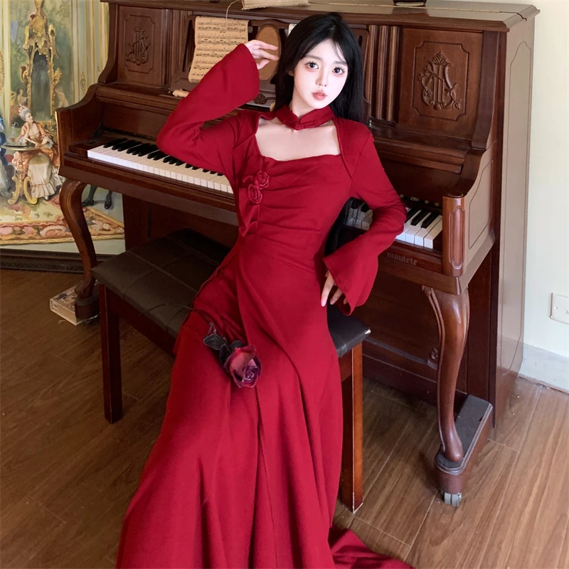 星屿新中式不规则设计感红色敬酒礼服长裙秋冬新款大码连衣裙