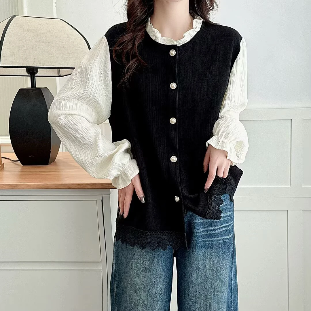 大码女装春秋新款小香风衬衫上衣假两件胖mm遮肚显瘦休闲时尚小衫