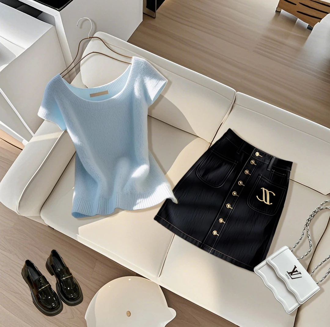 2025夏季新款绝美洋气高级感独特减龄针织t恤黑色牛仔a字短裙套装