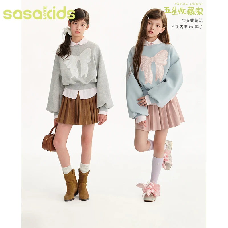 sasakids  雾面蓝灰双色甜美蝴蝶结休闲保暖宽松百搭长袖卫衣女童