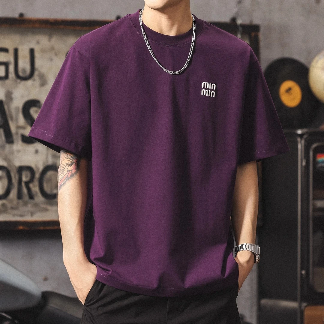 高端重磅纯棉t恤男日系潮牌ins宽松紫色短袖体恤男士圆领刺绣上衣