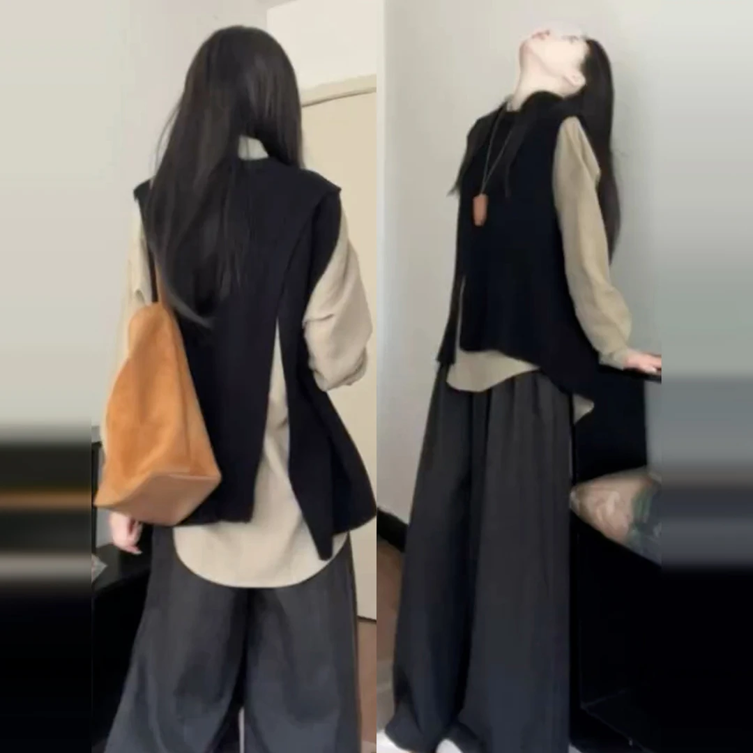 日系氛围休闲通勤套装女秋季2025新款高级感学院风马甲衬衫一整套