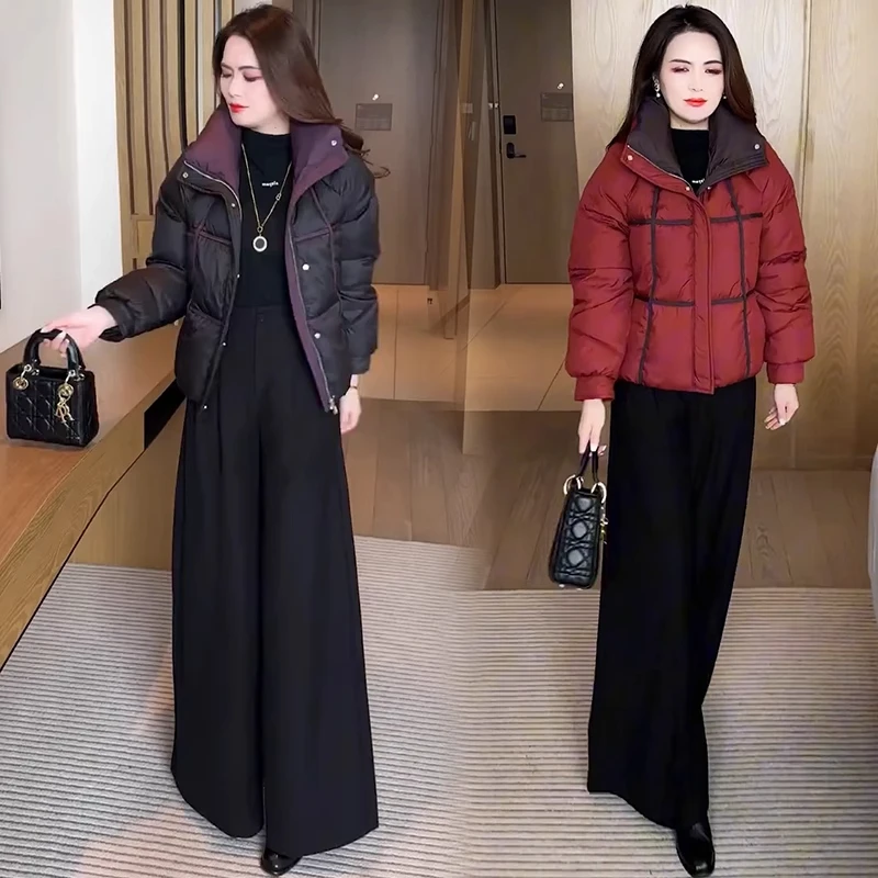 时尚撞色立领短款棉服女2025冬季新款宽松显瘦加厚保暖百搭外套潮