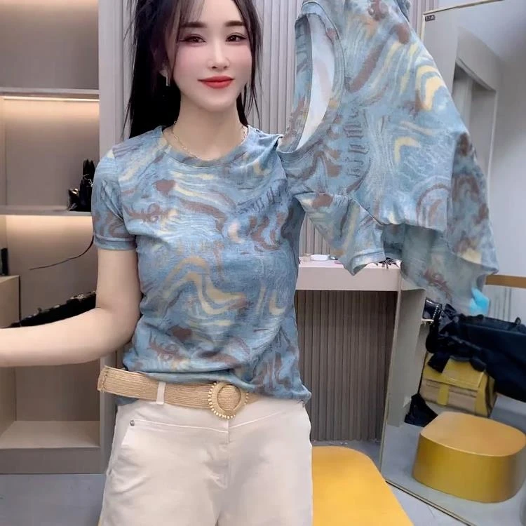 2025夏季新款女士欧洲站晕染轻薄短袖T恤时尚百搭显瘦别致上衣服