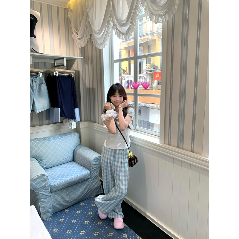 甜辣立体花一字肩短袖T恤上衣+蓝色格子休闲直筒阔腿裤时尚两件套