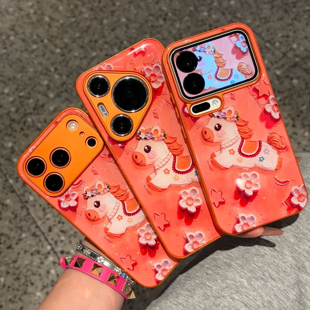 新年马年油画小马玻璃适用iPhone17pro手机壳华为P70vivooppo小米