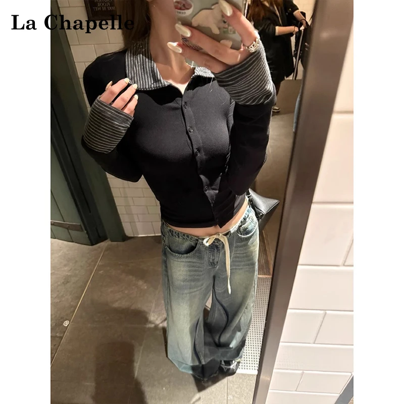 拉夏贝尔黑色条纹拼接假两件磨毛长袖上衣女秋冬修身堆堆领打底衫