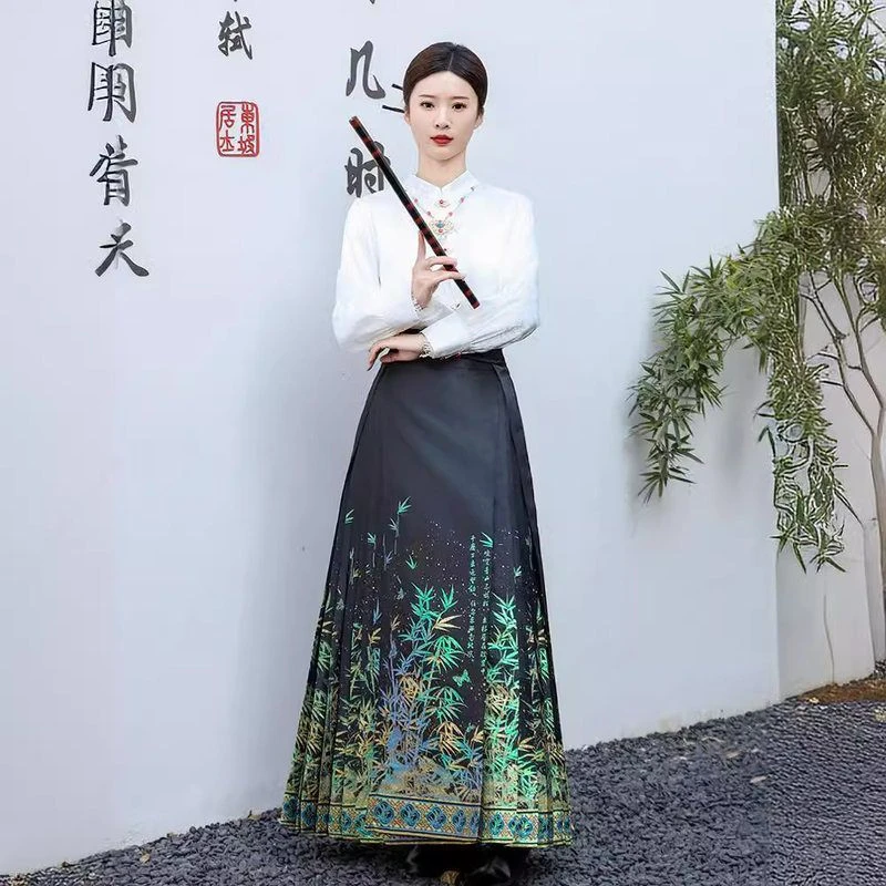 新中式国风原创黑色马面裙新款套装织金仿妆花秋冬汉服半身裙显瘦