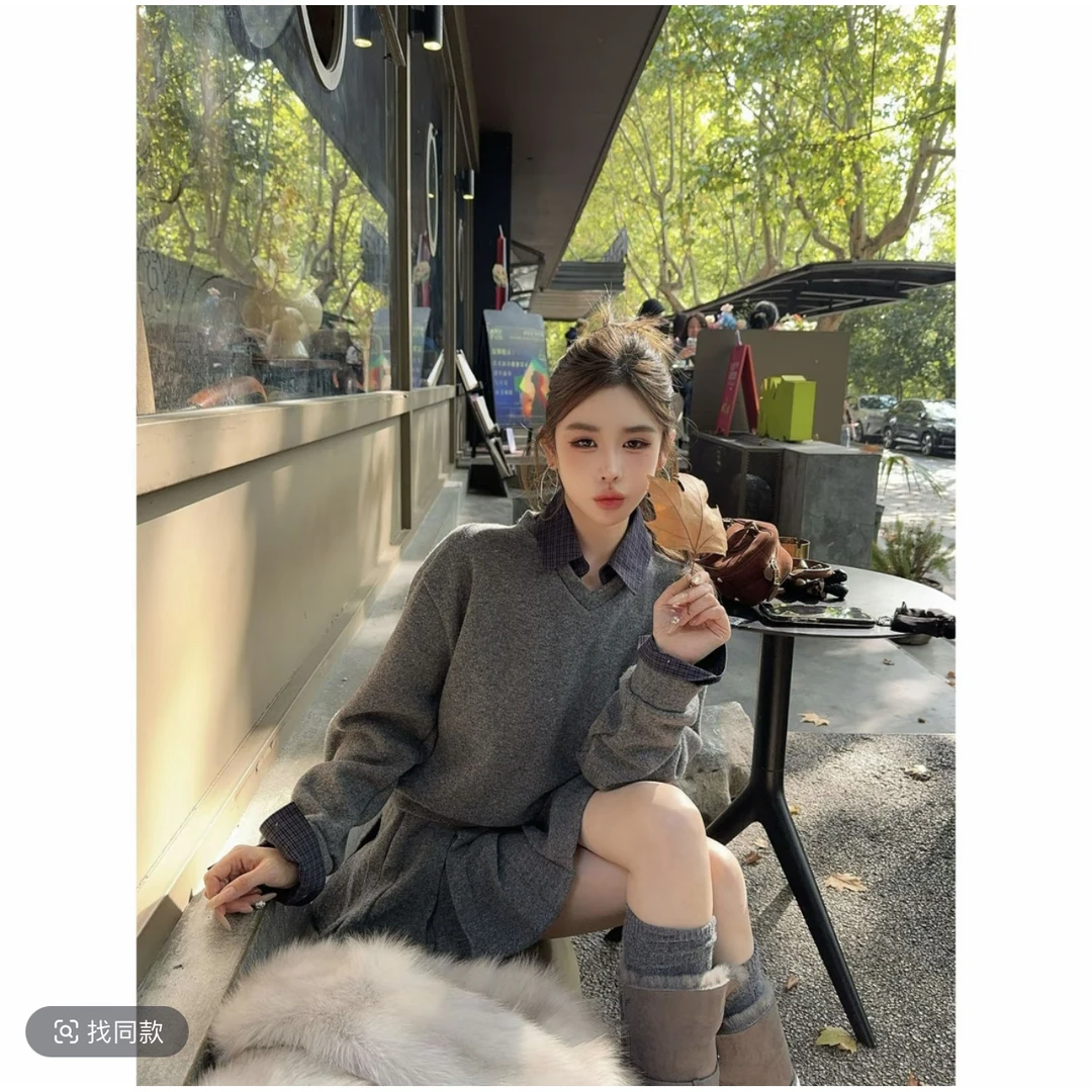 溪溪靓衫格雷MIU系泡菜订制加厚MIU系假两件针织衫+百褶半裙套