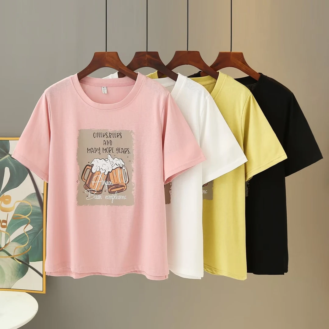 2025夏季新款大码百搭宽松显瘦减龄啤酒瓶印花圆领透气短袖T恤
