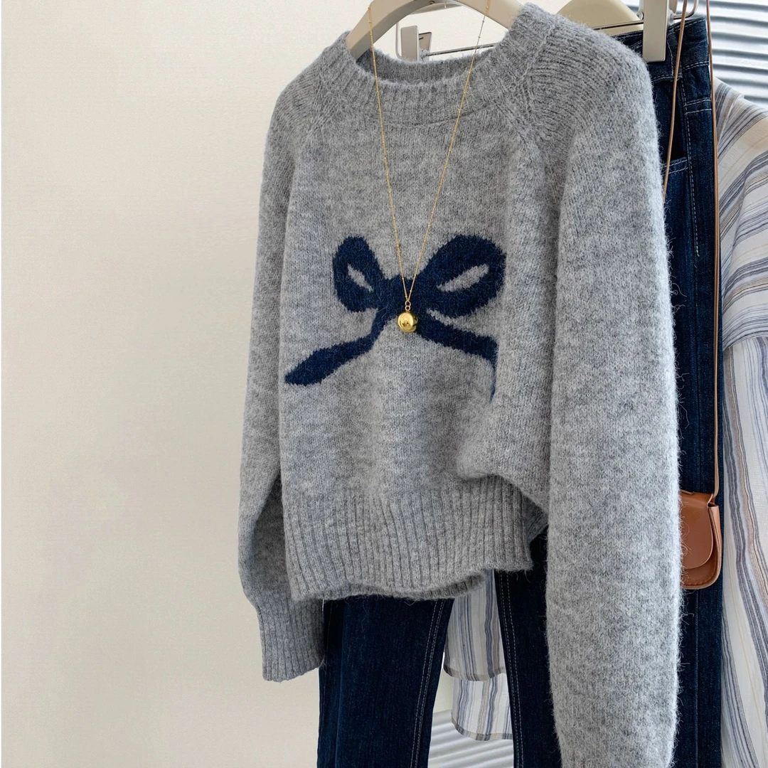 韩系风提花蝴蝶结套头百搭毛衣女秋冬软糯甜美慵懒风毛针织衫上衣