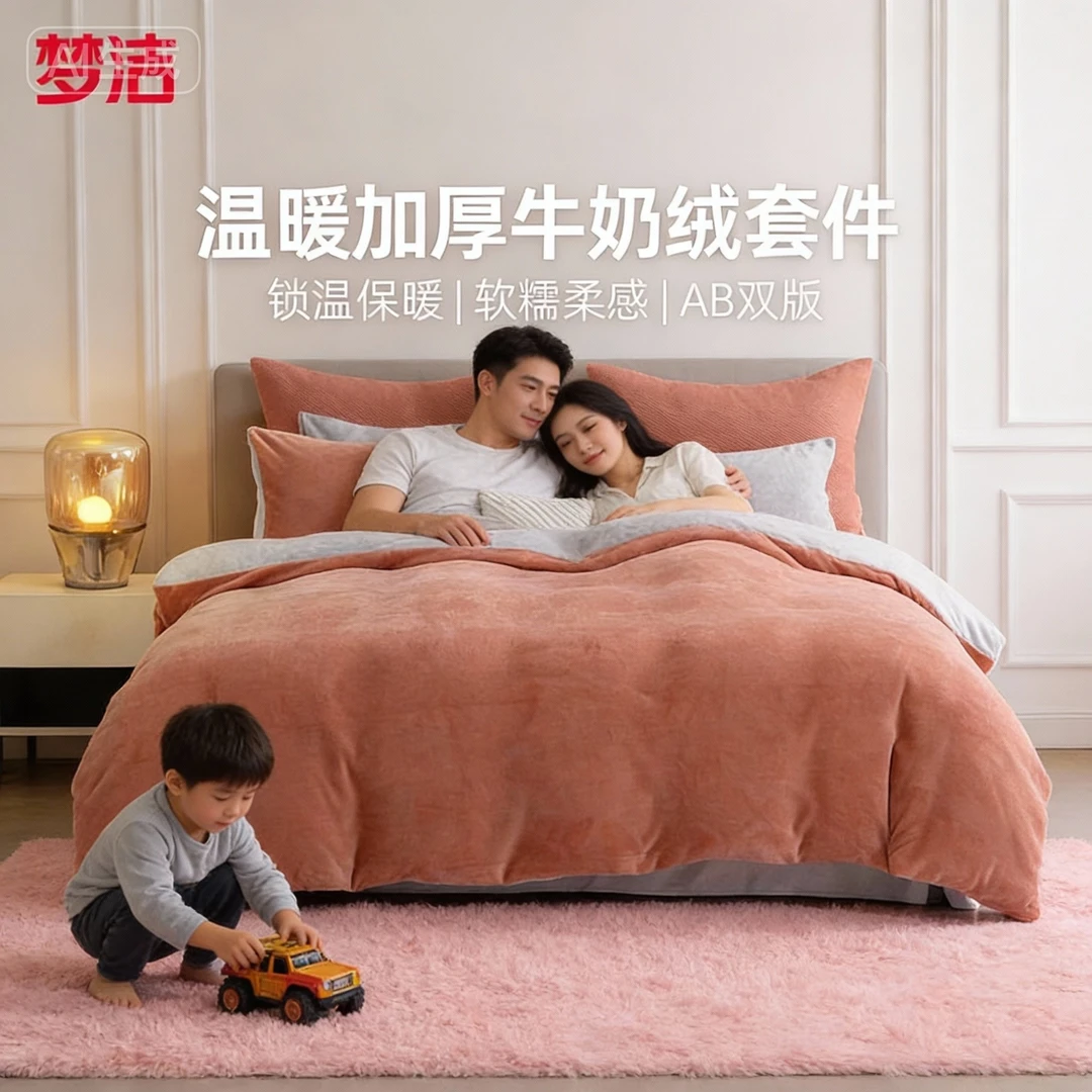【清货】梦洁家纺A类抗寒保暖冬季加厚高克重双面绒牛奶绒四件套商品图