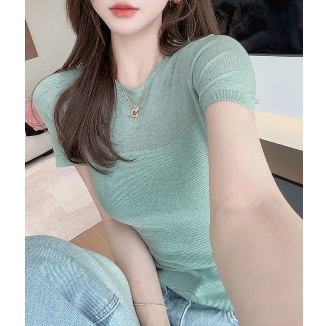 简约韩系气质慵懒针织衫短袖T恤女2025夏季新款上衣百搭减龄纯色