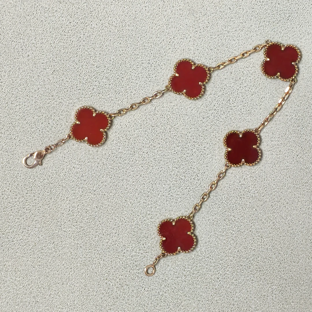 18k金 红玛瑙15mm大五花手链 玫瑰金色