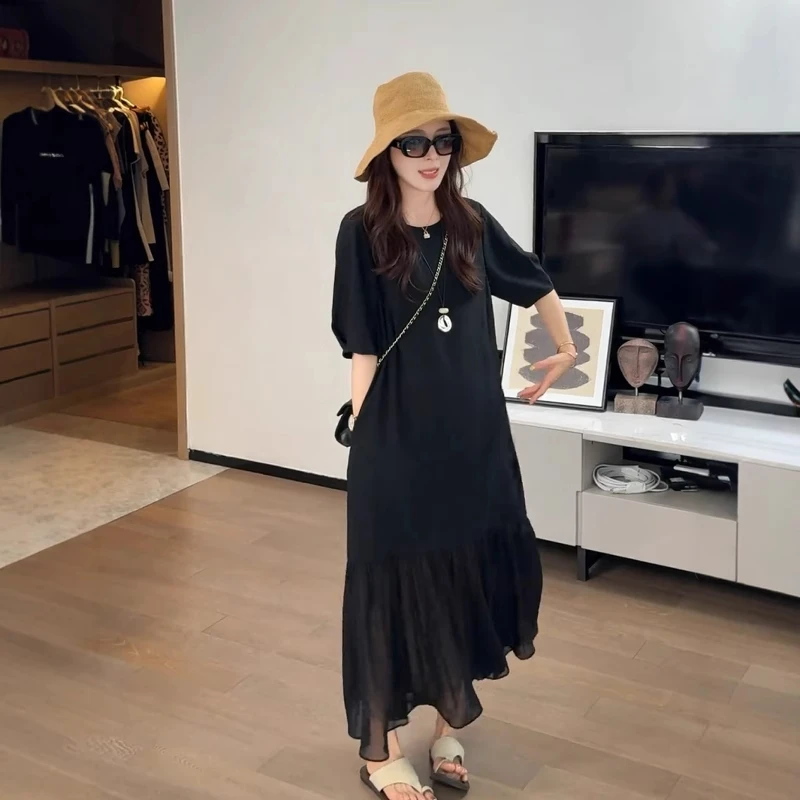 大码女装夏季时尚设计感拼接连衣裙胖mm遮肉显瘦韩系精致小黑裙子