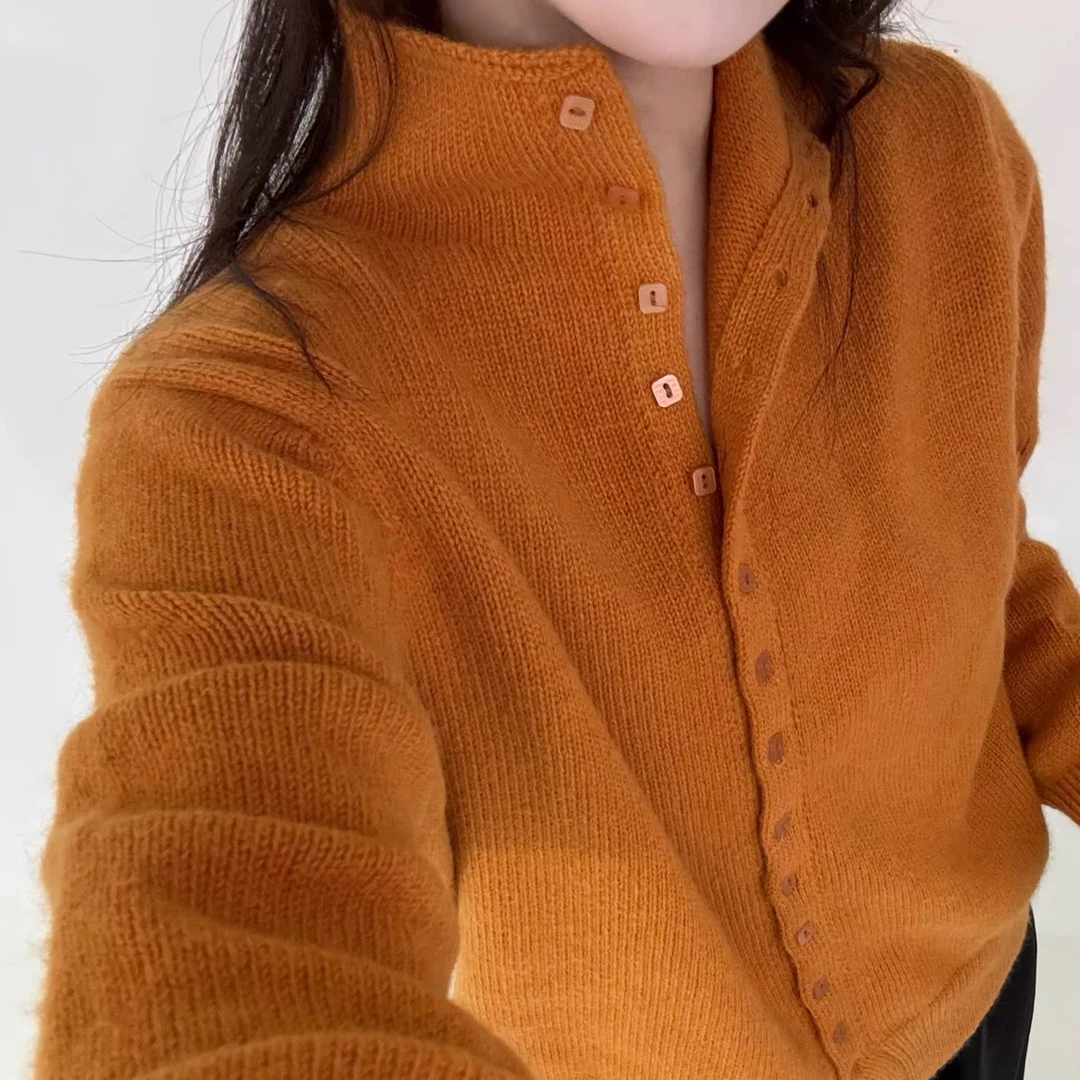 简约风多扣子卷边半高领针织开衫女新款休闲显瘦方扣纯色开衫#306