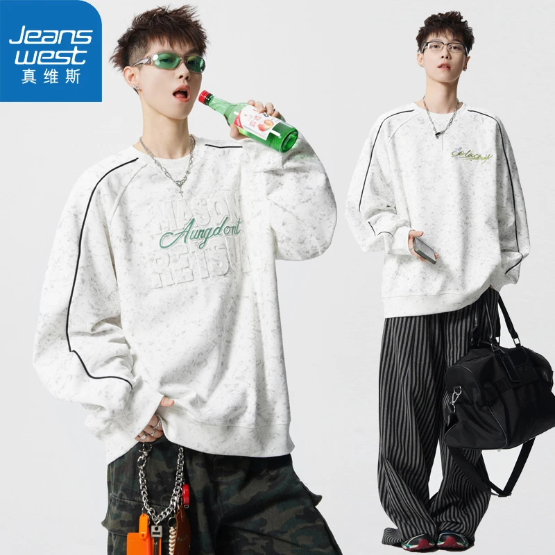 真维斯复古水洗线条字母印花卫衣男秋季高街休闲情侣百搭上衣潮