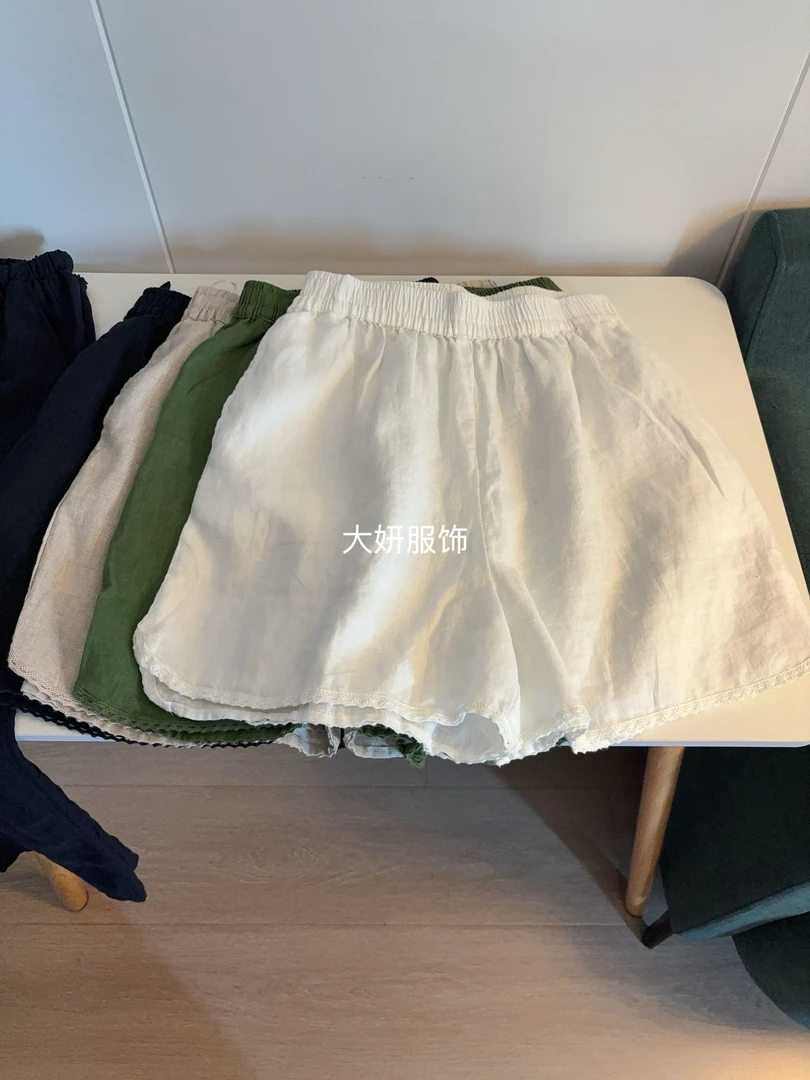 100%亚麻短裤。小花边！显瘦高腰百搭夏季薄款25601