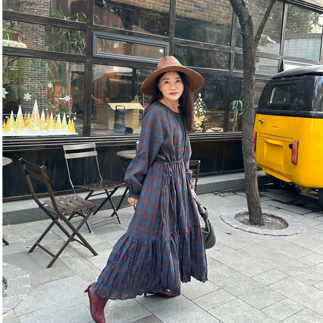 2286新款格子时尚百搭气质长袖连衣裙显气质