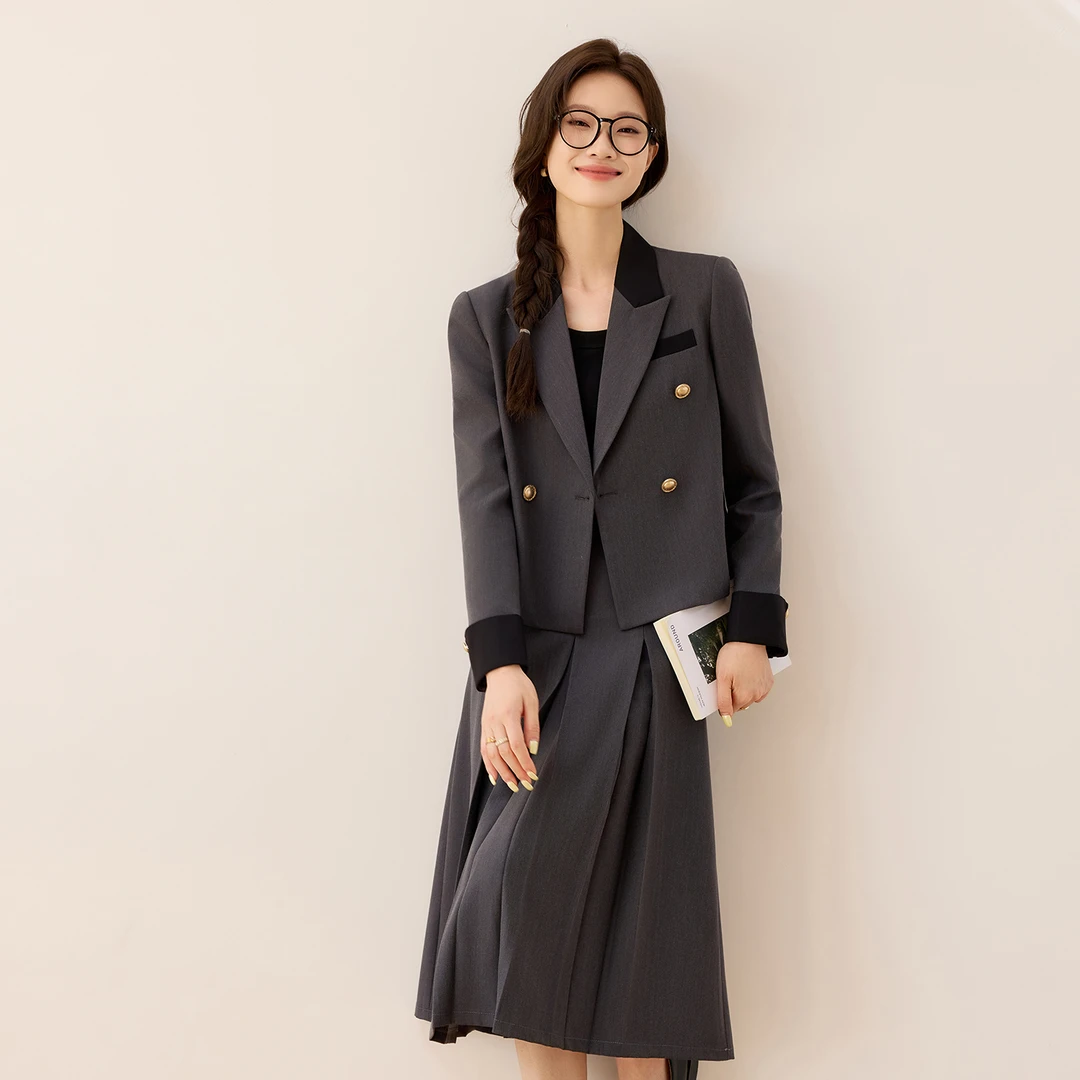 女士雅丹风简约西装短款英伦风显瘦双排扣大学生教资职业西装套裙