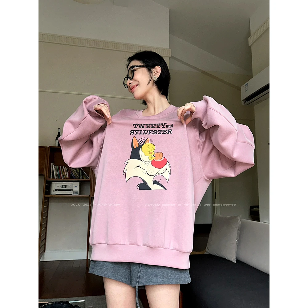 JCCC【粉色猫町】粉色卡通印花空气层轻感圆领卫衣JE5BBT22