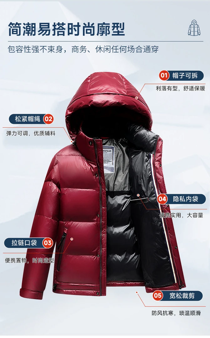 2025冬季爆款男士可拆卸连帽免洗羽绒服东北超厚防寒亮面外套