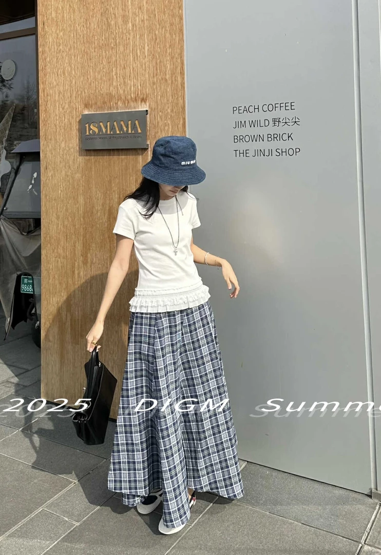 FY春夏韩系时尚百搭复古格子不规则裁剪高腰显瘦a摆半身裙