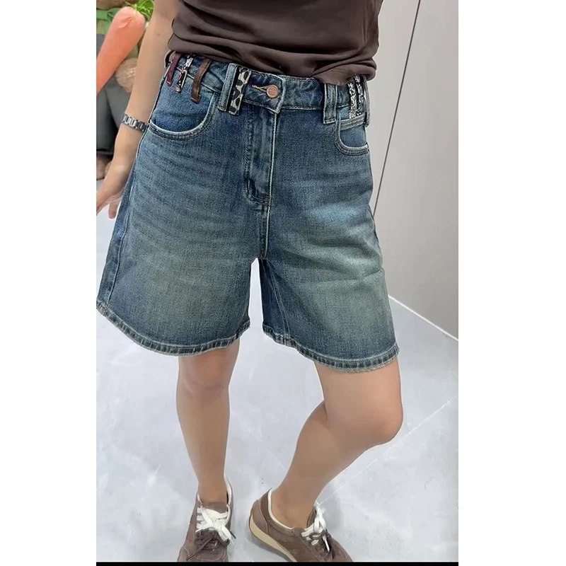 蓝色直筒牛仔短裤女2025年早秋新款大码洋气百搭高腰a字阔腿热裤