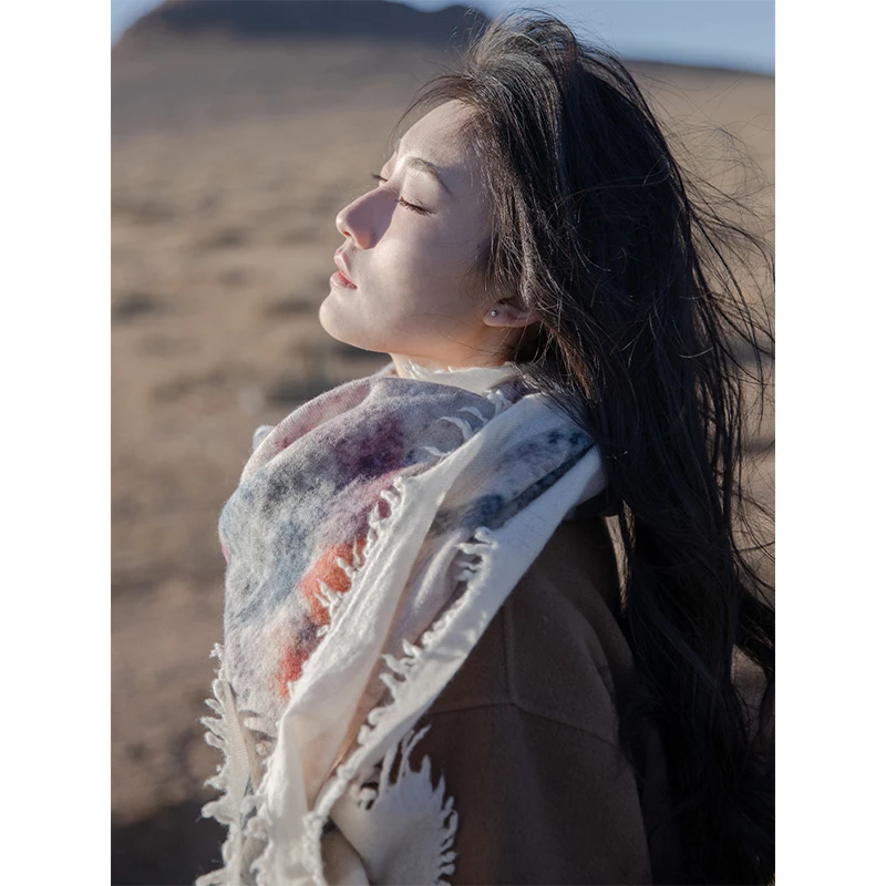 柯媞娜山羊绒大方巾女秋冬百搭时尚印花围巾披肩流苏保暖两用新款