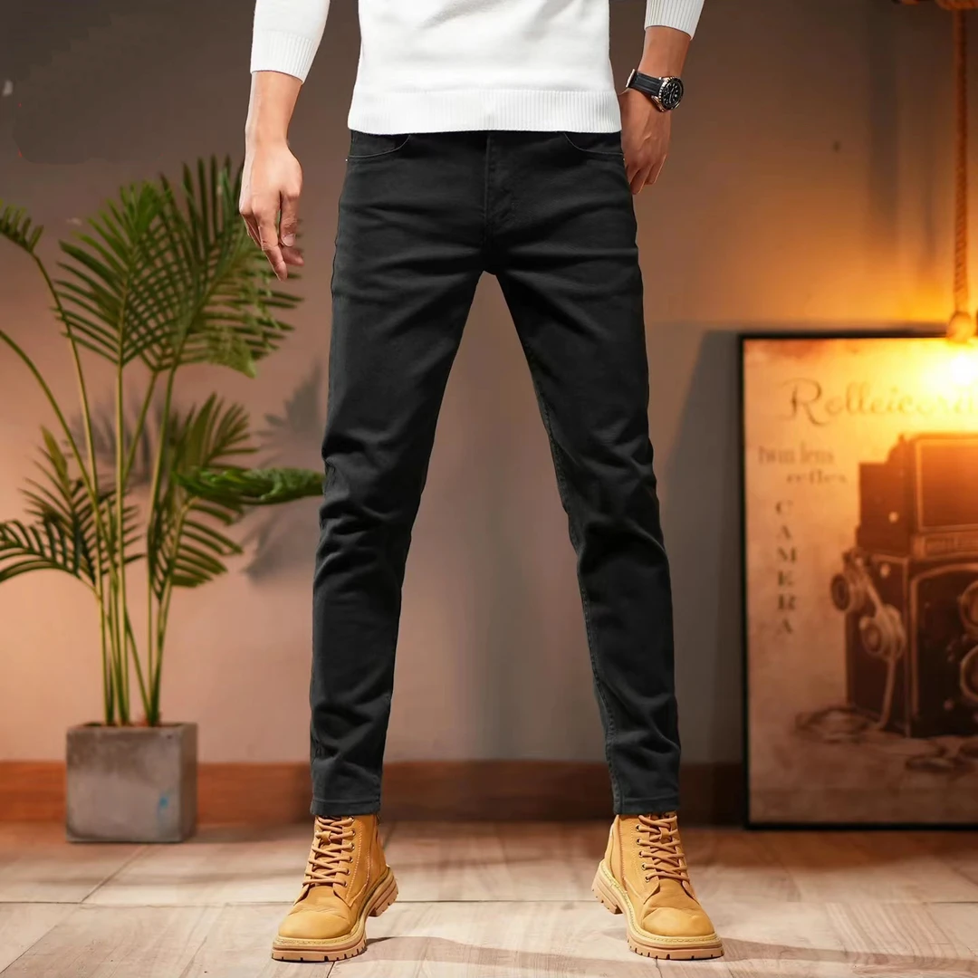 早春新款纯黑色弹力男士牛仔裤修身小直筒经典百搭休闲潮流长裤子
