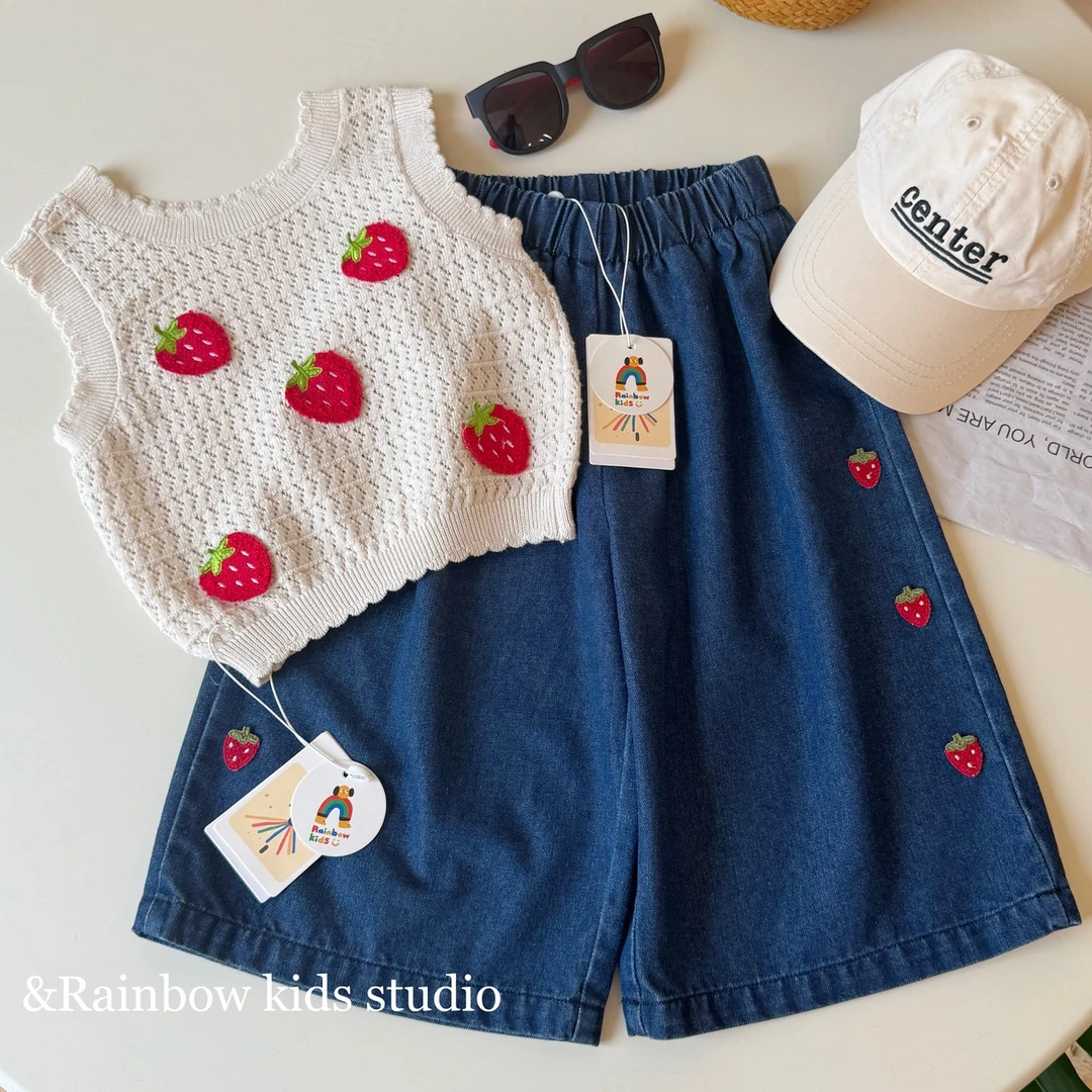 【彩虹家】2025夏款针织草莓背心牛仔裤套装-88374