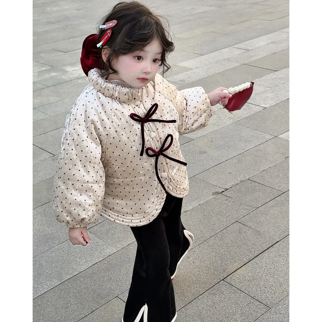 【甜甜圈】超美女宝韩系洋气波点夹棉外套冬季女童丝绒保暖棉衣套装