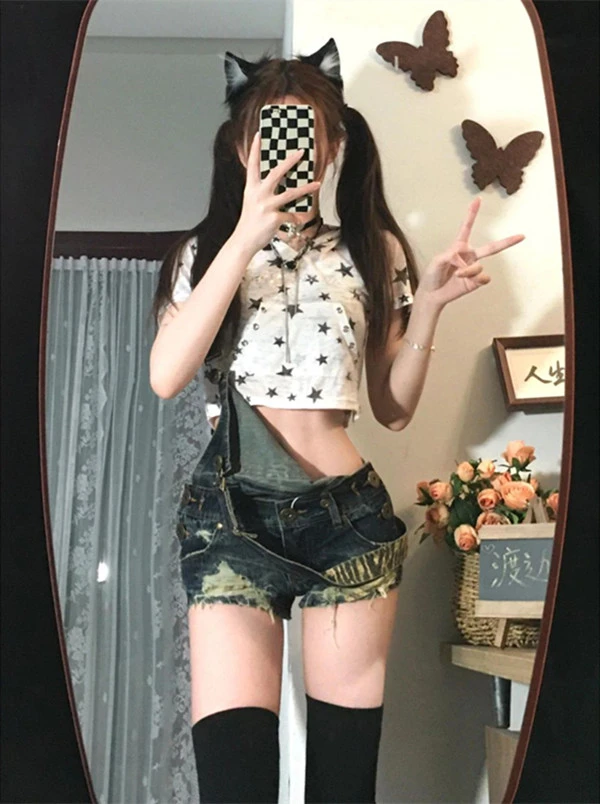 美式复古牛仔辣妹套装女夏季小个子破洞设计感修身显瘦性感短裤