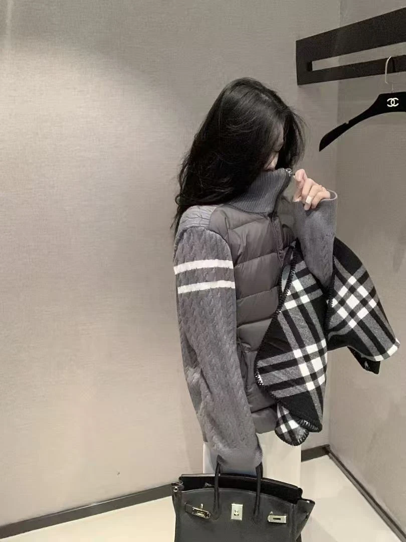 秋冬针织拼接长袖立领外套女轻薄棉服百搭休闲夹克搭阔腿裤套装