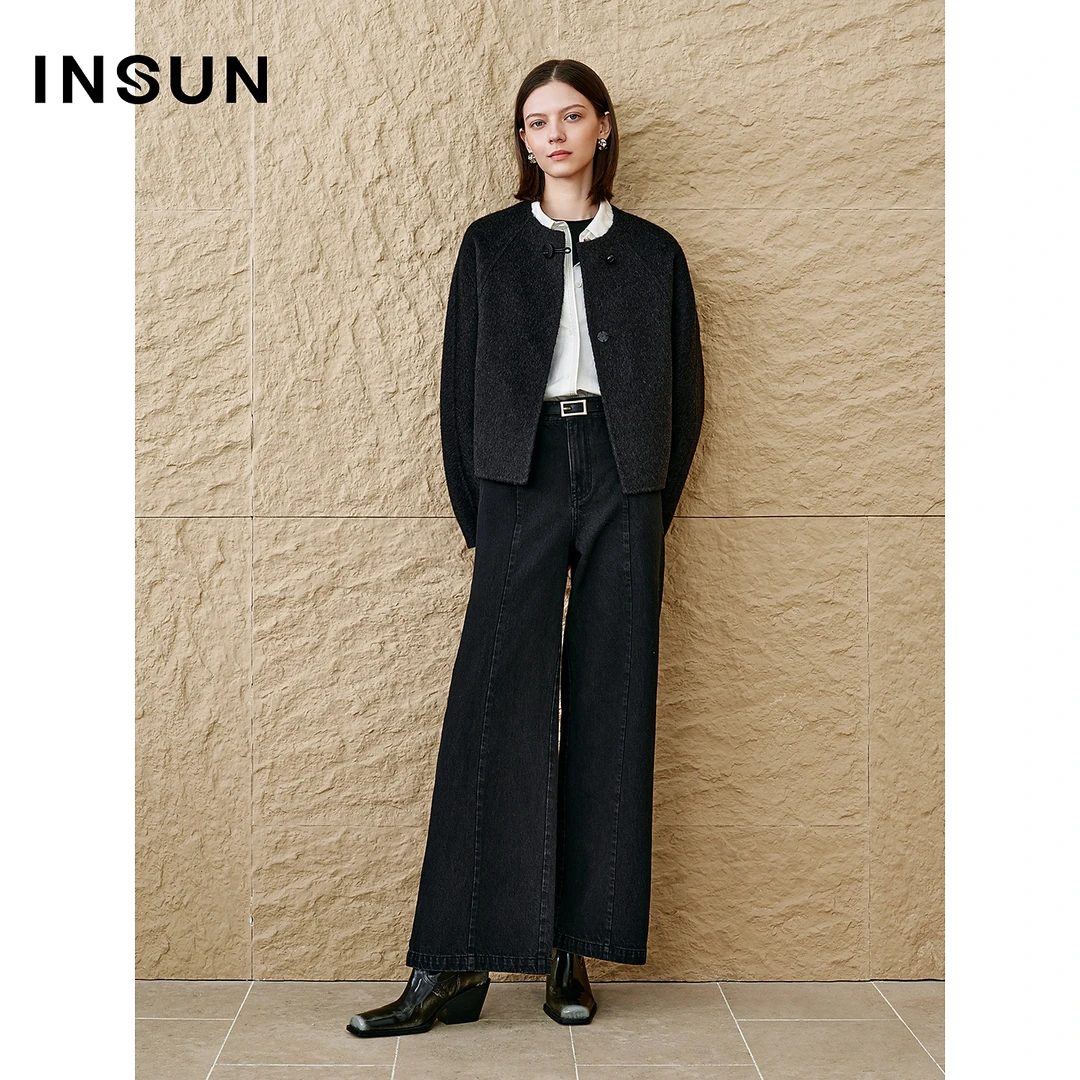 INSUN恩裳专选2025秋季茧形骆驼绒丝毛短款大衣