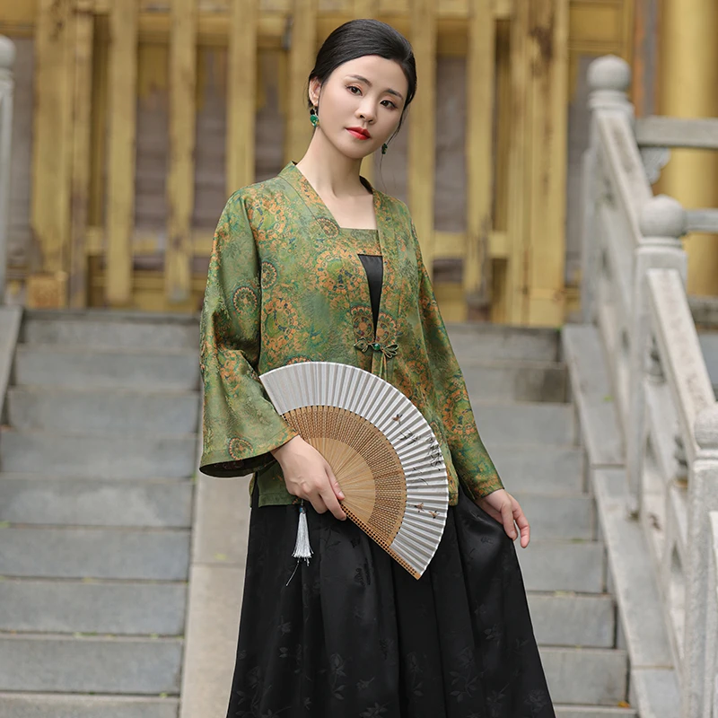 曦涵玥原创*花遥*真丝红云纱两件套汉服领开衫短上衣定制