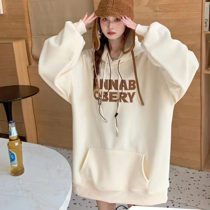 中长款连帽加绒卫衣加厚韩版字母宽松休闲冬季外套上衣2023新款