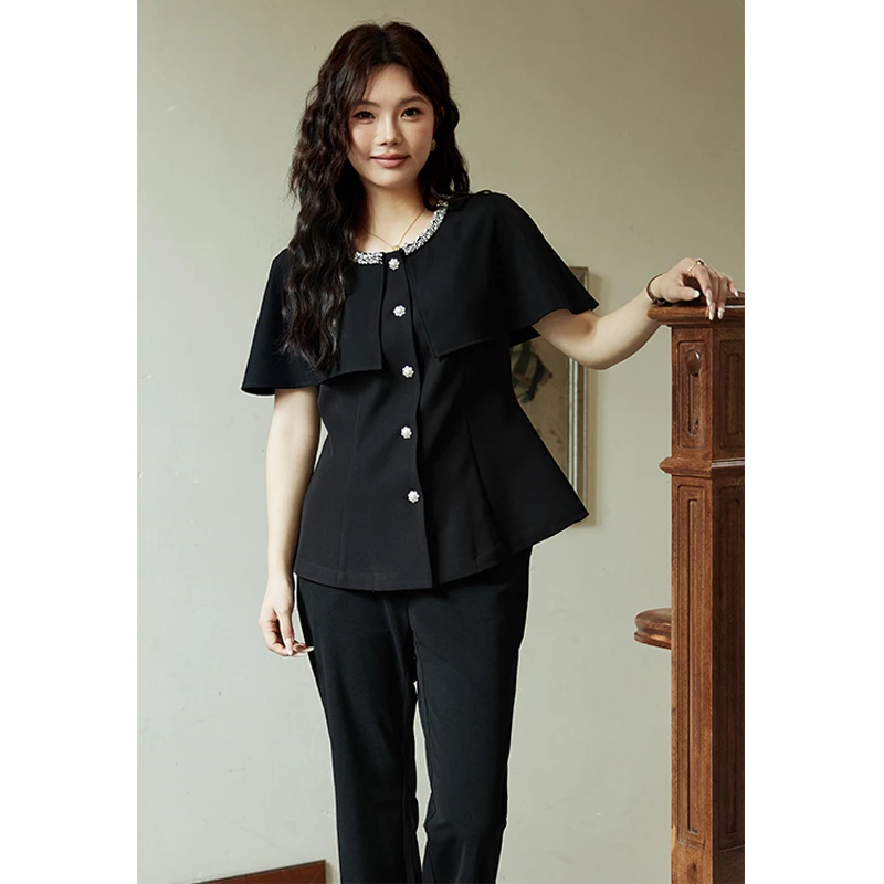 五季家大码女装夏季减龄气质洋气黑色上衣+长裤两件套ZL105680