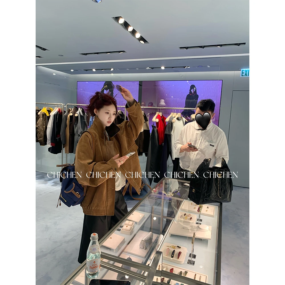 【珍妮穿搭】老钱风复古咖色撞色翻领外套女秋季高级感宽松夹克上衣