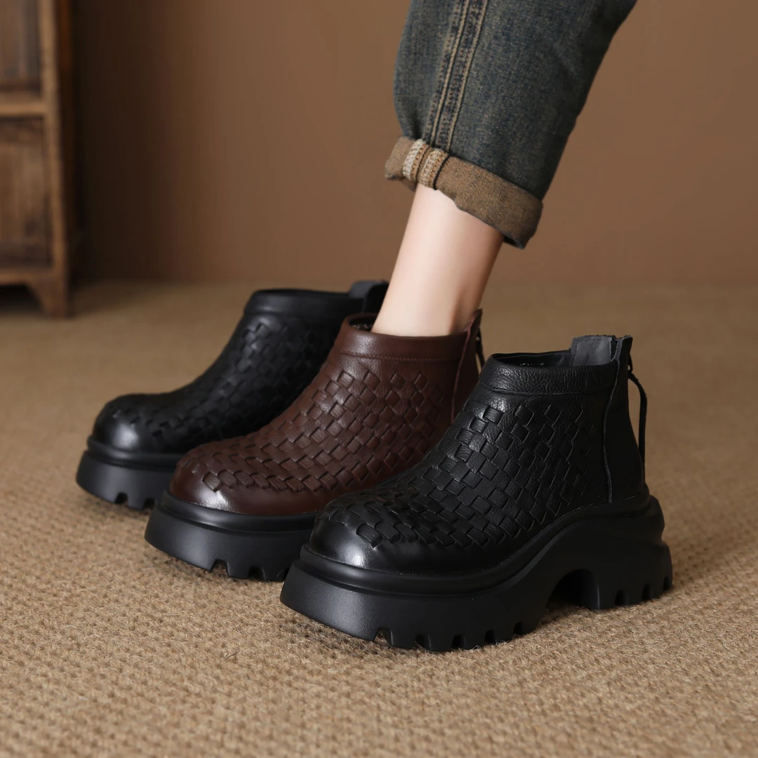 头层牛皮短靴子女手工编织2025新款秋真皮马丁靴厚底松糕增高单靴